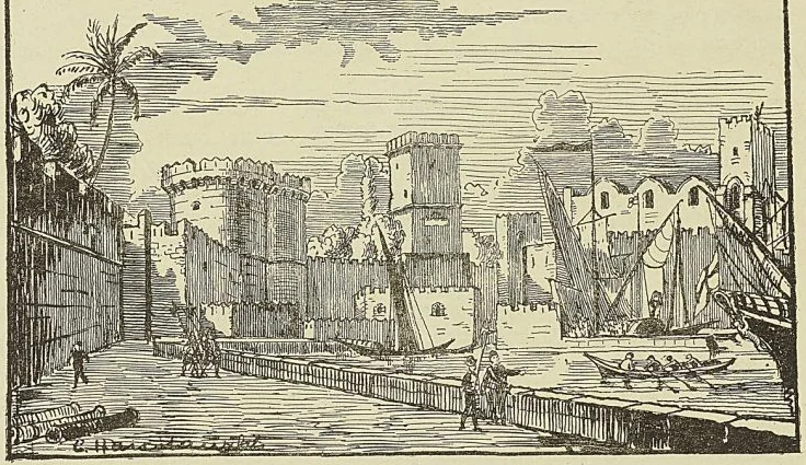ENTRÉE DU PORT DE RHODES (D’après une gravure sur bois de 1850).