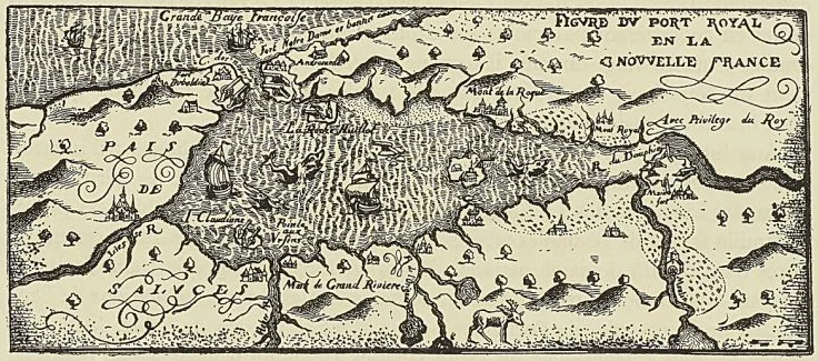 CARTE DU PORT-ROYAL DE LA NOUVELLE-FRANCE, PAR MARC LESCARBOT (Dessinée par Millot, gravée par Jean Civelines (160g).