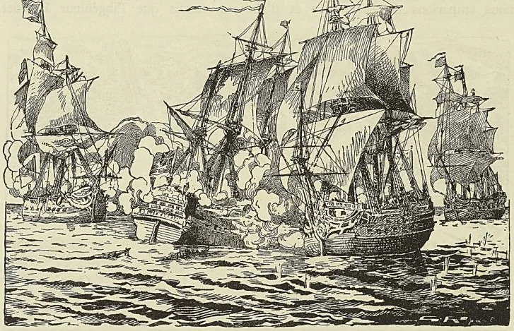 COMBAT NAVAL ENTRE LES FLOTTES FRANÇAISE ET ANGLAISE, d’après des aquarelles du Musée de