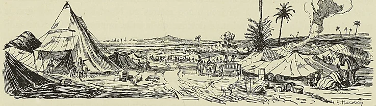 LES TROUPES FRANÇAISES TRAVERSENT LE CAMP TURC DE STAOUÉLI (d’après une lithographie de Gudin. Musée de l’armée).