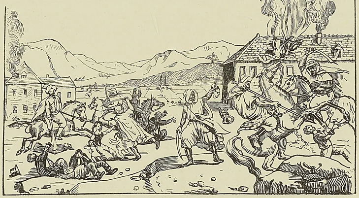 LES MASSACRES DE LA MITIDJA (d’après une estampe populaire de l’époque).