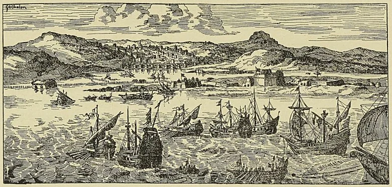 ARRIVÉE DE LA FLOTTE CHRÉTIENNE DEVANT LA GOULETTE, d’après une gravure du XVIIe siècle,