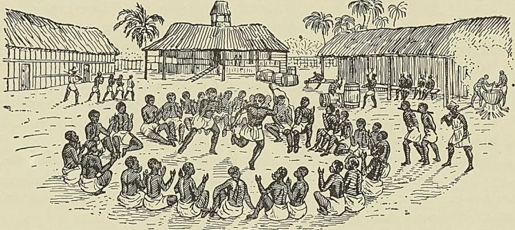 INTÉRIEUR DES BARRACONS DE TRAITE DES NOIRS (Dessin de Nousveaux, d’après un croquis de Boüet-Willaumez).