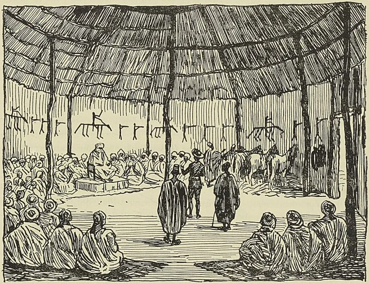 VISITE DU CAPITAINE BINGER AU NABA DE KARAGA, d’après un croquis du capitaine Binger