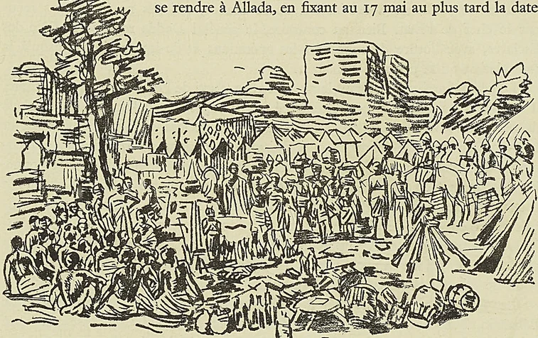 CAMPEMENT SUR LA PLACE D’ABOMEY (D’après un dessin de Riou, Tour du Monde (1894).