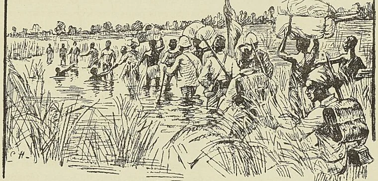 PASSAGE DE LA MISSION MAISTRE DANS LES MARAIS DE KASSINDA (D’après un dessin d’Al. Paris. Tour du monde (1893).