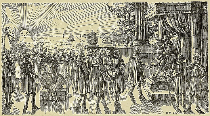 REMISE DES PRIVILÈGES DE LA COMPAGNIE DES INDES (1664) PAR LOUIS XIV (D’après la gravure de Vermeulen).