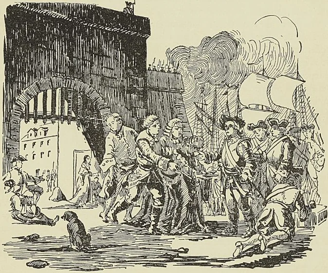 REDDITION DE MADRAS, d’après un dessin de Desfontaines gravé par Moret. (G. Hanotaux fils.)