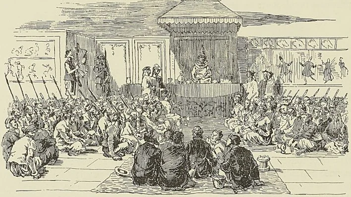 RÉCEPTION DE FRANCIS GARNIER PAR LE ROI DE XIEN-HONG (D’après un dessin de Delaporte. Francis Garnier : Voyage d’exploration en Indochine).
