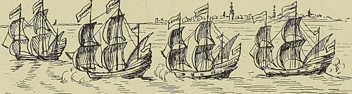 LA FLOTTE DE JACQUES CORNÉLIS VAN NECK, d’après une gravure hollandaise du XVI° siècle. Fron-