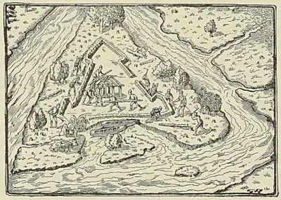 CONSTRUCTION D’UN FORT FRANÇAIS, d’après de Bry
