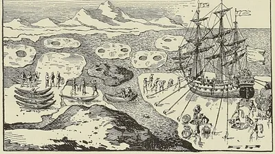 LE  PÉLICAN  GRAPPINÉ SUR LA GLACE DANS LE DÉTROIT DE LA BAIE D’HUDSON, tirée de…