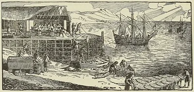 SÉCHAGE DE LA MORUE SUR L’ÉCHAFAUD, d’après une carte de 1698, par de Fer