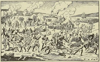 MASSACRE DES FRANÇAIS A SAINT-DOMINGUE, d’après une gravure populaire de lépoque
