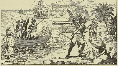 DÉBARQUEMENT DES TROUPES FRANÇAISES A SAINT-DOMINGUE (D’après une estempe populaire du…