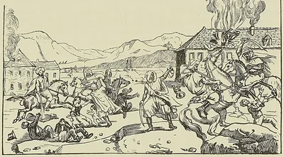 LES MASSACRES DE LA MITIDJA (d’après une estampe populaire de l’époque).