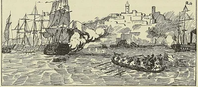 LE PRINCE DE JOINVILLE DEVANT TANGER, d’après une lithographie de l’époque