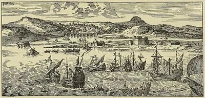 ARRIVÉE DE LA FLOTTE CHRÉTIENNE DEVANT LA GOULETTE, d’après une gravure du XVIIe siècle,