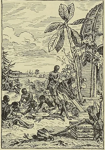 INDIGÈNES PRÉPARANT LE MANIOC, gravure de Cochin, abbé Prévost : Histoire des Voyages