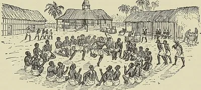 INTÉRIEUR DES BARRACONS DE TRAITE DES NOIRS (Dessin de Nousveaux, d’après un croquis de…