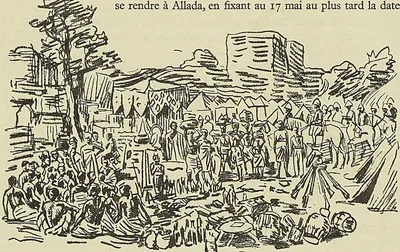 CAMPEMENT SUR LA PLACE D’ABOMEY (D’après un dessin de Riou, Tour du Monde (1894).
