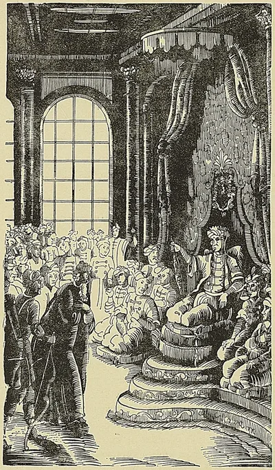 RÉCEPTION DE GEORGES DE VIRGILE PAR LE ROY DES INDES ORIENTALES, d’après la Relation d’un