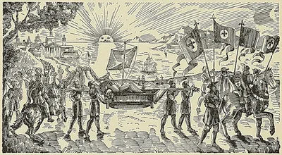 ENTRÉE DE CARON ET DE FAYE A SURATE, d’après la gravure de Vermeulen. (A. Reiss.)