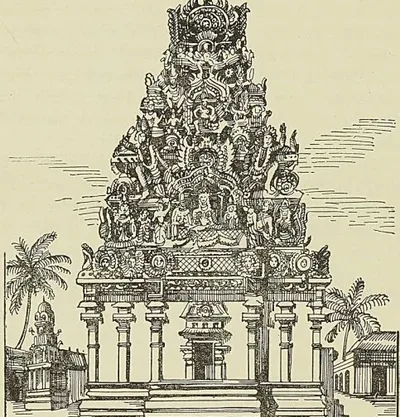 PORTIQUE D’UNE PAGODE DE PONDICHÉRY, d’après un dessin du Tour du Monde. (A. Reiss.)