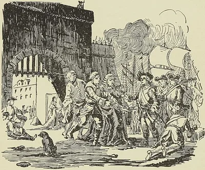 REDDITION DE MADRAS, d’après un dessin de Desfontaines gravé par Moret. (G. Hanotaux…