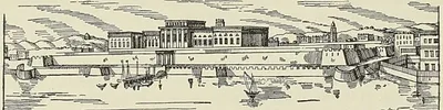 VUE DE PONDICHÉRY AU XVIII° SIÈCLE, d’après une estampe de la Bibliothèque nationale. (A…