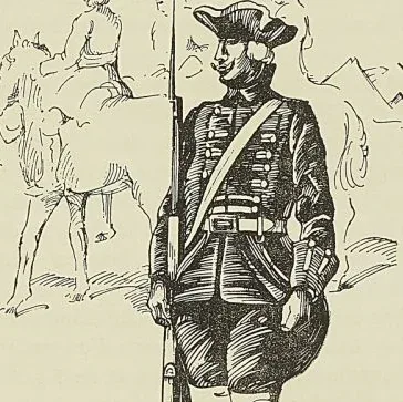 SOLDAT DE LA COMPAGNIE DES InDes, d’après un dessin de Fouqueray. (A. Reiss.)