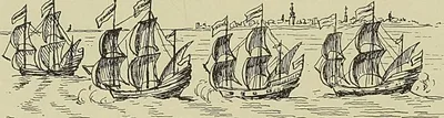 LA FLOTTE DE JACQUES CORNÉLIS VAN NECK, d’après une gravure hollandaise du XVI° siècle…
