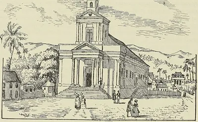 L’ÎLE BOURBON EN 1847 : ÉGLISE SAINT-BENOiT, d’après une lithographie de Roussin. ILE…