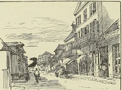 SAINT-DENIS : RUE DE L’ÉGLISE EN 1860, dessin de Thérond. Simonin : Voyage à la Réunion…