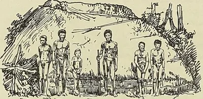 HABITATIONS ET INDIGÈNES DE AMBRYM, dessin de Riou. Hagen : Voyages aux Nouvelles-Hébrides