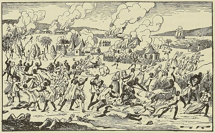 MASSACRE DES FRANÇAIS A SAINT-DOMINGUE, d’après une gravure populaire de lépoque