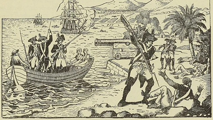 DÉBARQUEMENT DES TROUPES FRANÇAISES A SAINT-DOMINGUE (D’après une estempe populaire du temps).