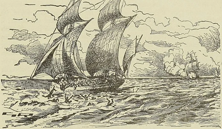 NAVIRE NÉGRIER POURSUIVI PAR UN BRICK DE GUERRE, JETANT DES ESCLAVES A LA MER D’après une gravure du début du…