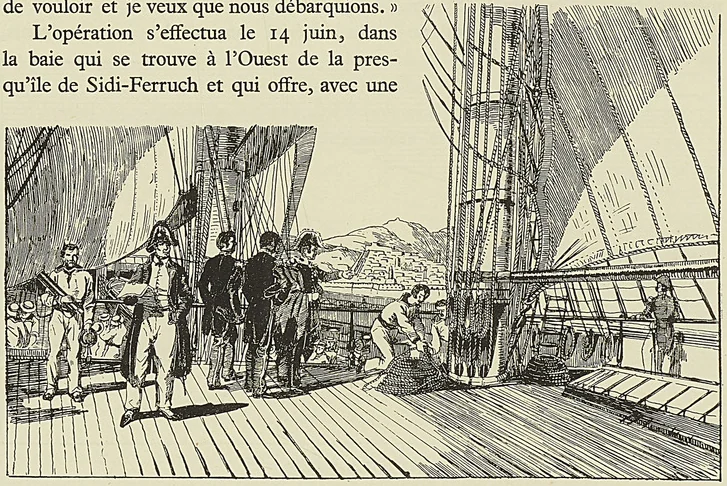 L’AMIRAL DUPERRÉ ET LE GÉNÉRAL DE BOURMONT SUR LE PONT DE LA  PROVENCE  (d’après une lithographie de Morel-Fatio).