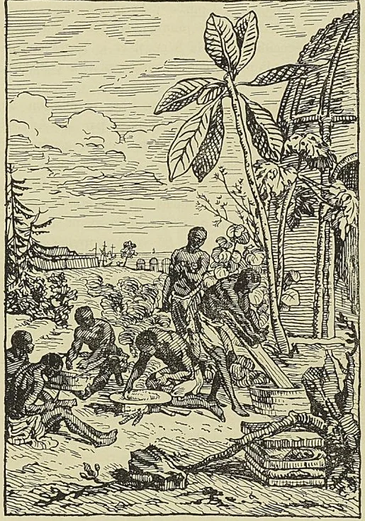 INDIGÈNES PRÉPARANT LE MANIOC, gravure de Cochin, abbé Prévost : Histoire des Voyages