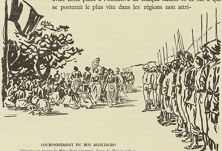 COURONNEMENT DU ROI AGOLIAGBO, d’après un dessin de Mme Paule Crampel