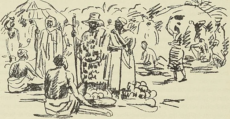 UN MARCHÉ DANS L’ADAMAOUA (Mission Maistre. D’après un dessin de M. Perret, Tour du Monde (1893)