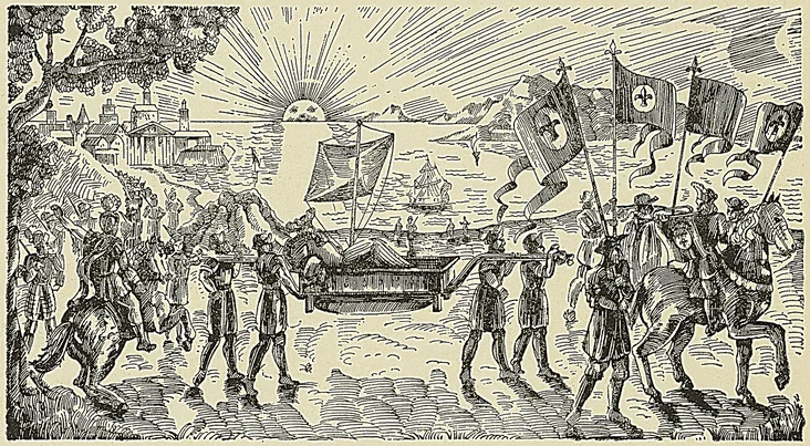 ENTRÉE DE CARON ET DE FAYE A SURATE, d’après la gravure de Vermeulen. (A. Reiss.)