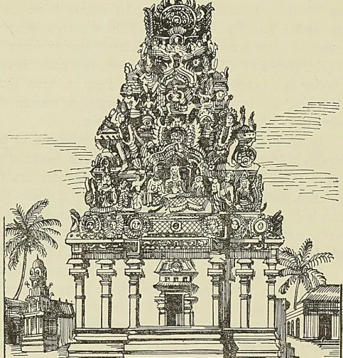 PORTIQUE D’UNE PAGODE DE PONDICHÉRY, d’après un dessin du Tour du Monde. (A. Reiss.)