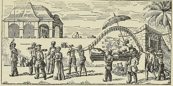 RADJAH EN PALANQUIN, d’après Sonnerat : Voyage aux Indes orientales 1782. (A. Reiss.) Frontispice