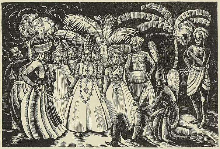 BALLET RITUEL DES HINDOUS DE LA CÔTE MALABAR (D’après une estampe du dix-huitième siècle (Cabinet des Estampes).