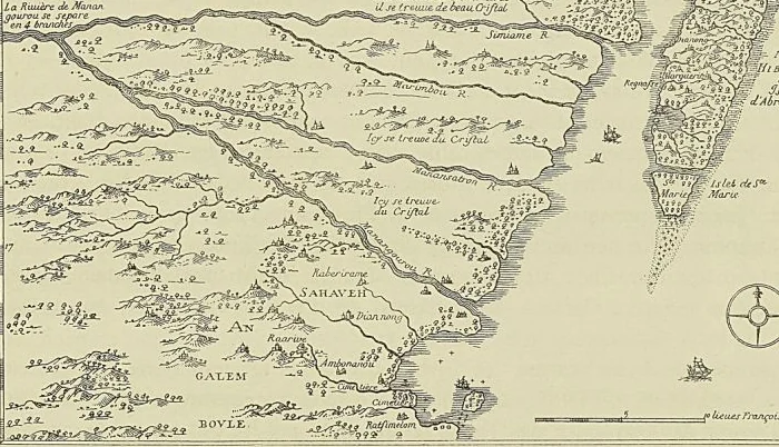 CARTE DE L’ILE SAINTE-MARIE (Flacourt : Histoire de la grande ile Madagascar).