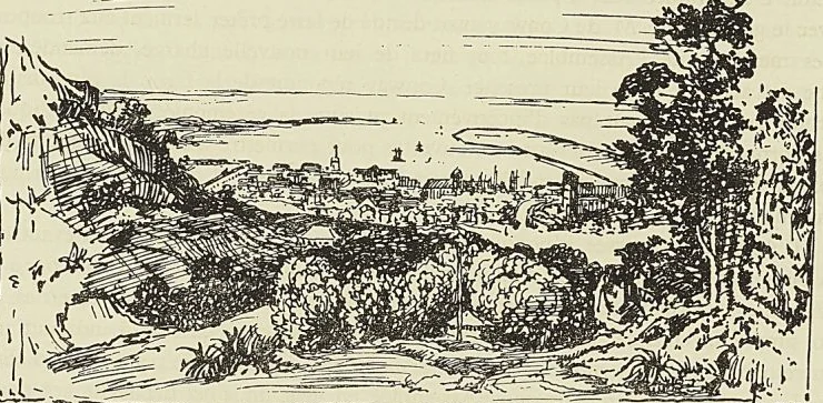 LE PORT-LOUIS VU DE L’INTÉRIEUR DE L’ÎLE (D’après un dessin de Dauvin) (Gravé par Desault).