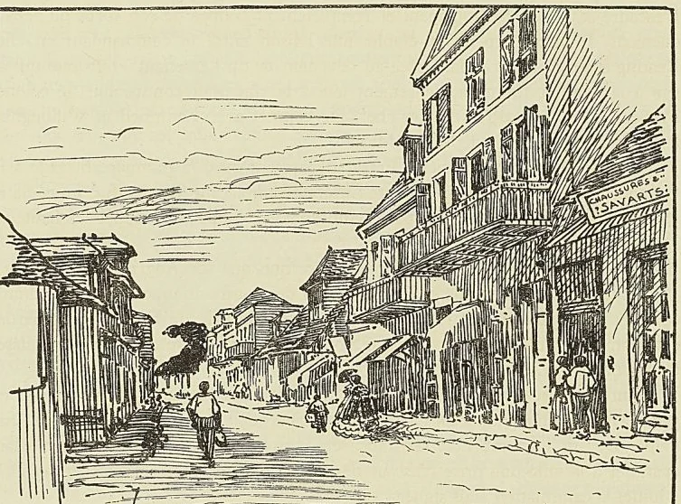 SAINT-DENIS : RUE DE L’ÉGLISE EN 1860, dessin de Thérond. Simonin : Voyage à la Réunion AMIRAL DUPERRÉ, d’après une…