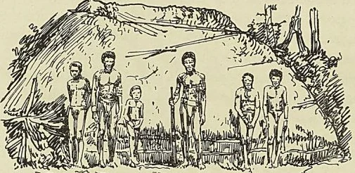HABITATIONS ET INDIGÈNES DE AMBRYM, dessin de Riou. Hagen : Voyages aux Nouvelles-Hébrides